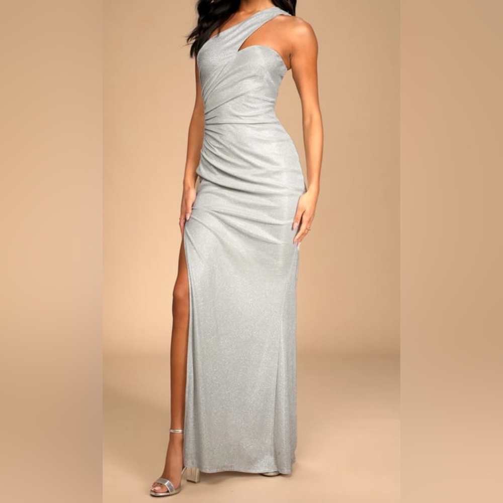 Magic at Midnight Shiny Silver One-Shoulder Maxi Dress